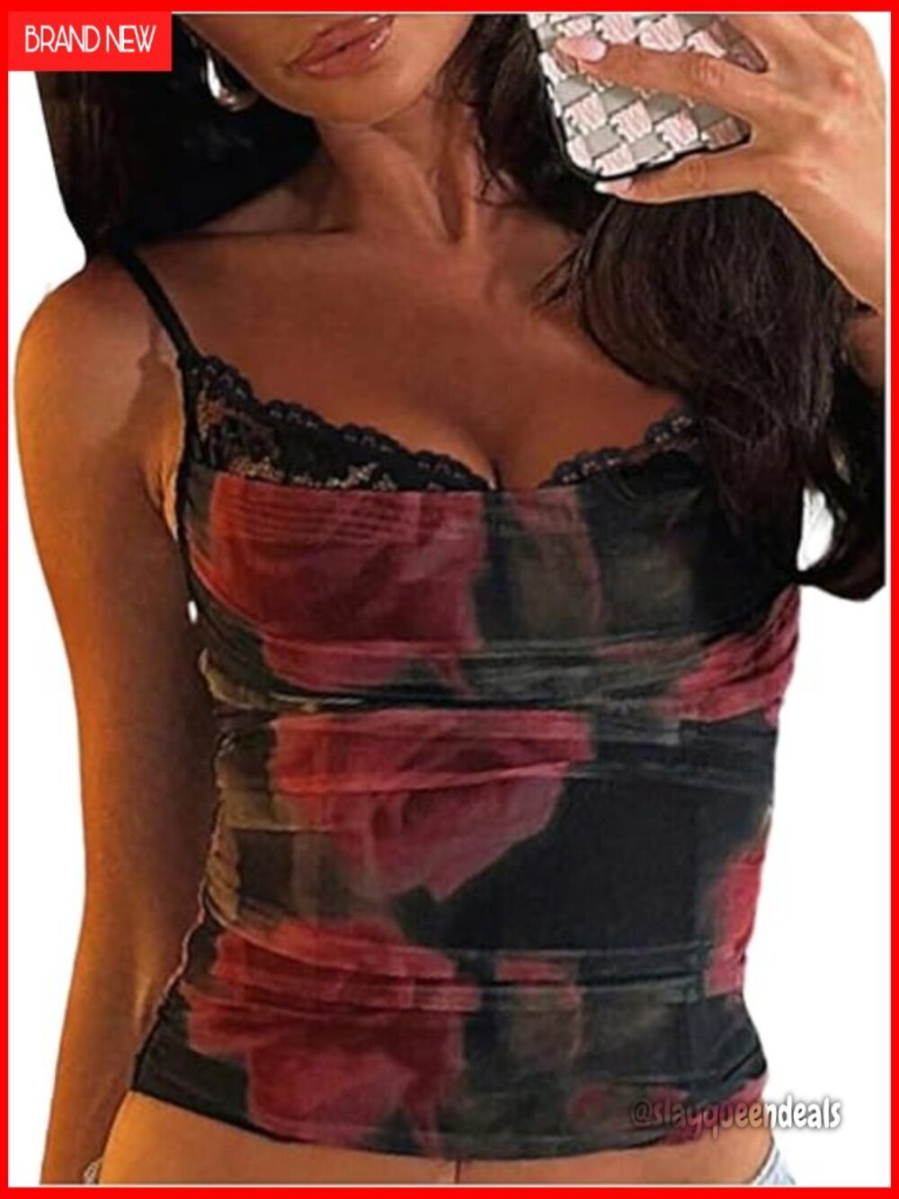 Y2K Lace Crop Top Spaghetti Strap Ruched Fitted Tank Vintage Floral Print